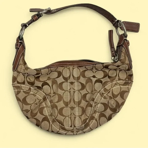Y2K 2000s 🍒 Vintage Coach Brown Signature Jacquard Shoulder Bag Hobo Style - Picture 2 of 4